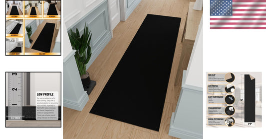 Durable Low Pile Runner Rug - Machine Washable, Non-Slip, 2'7" x 12' in Black