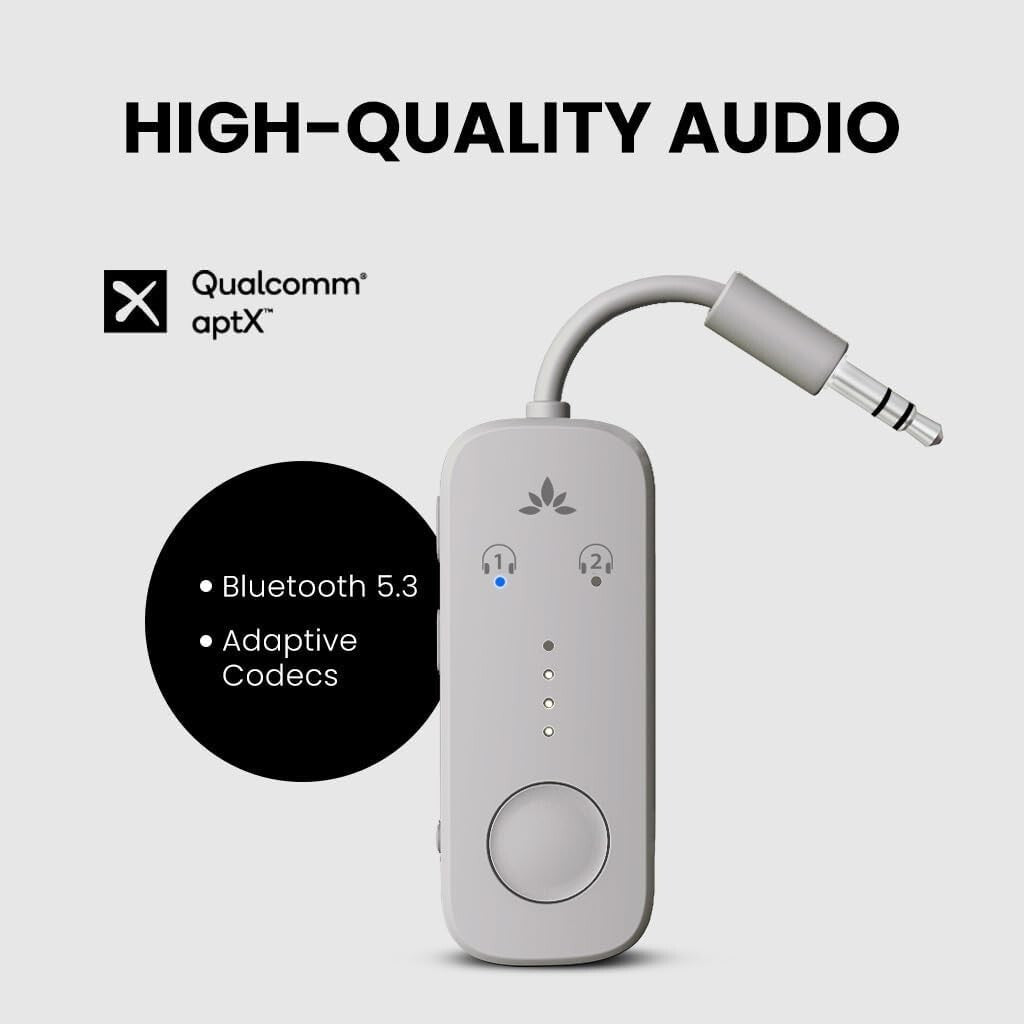 Dual Device Airplane Bluetooth Adapter with aptX Adaptive for Optimal Sound
