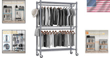 Load image into Gallery viewer, 3-Tier Adjustable Garment Rack with Rolling Wheels &amp; Side Hooks - Gray Finish
