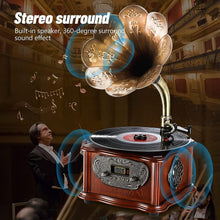 Load image into Gallery viewer, Vintage Phonograph Retro Turntable with Copper Horn – Bluetooth &amp; Aux Input
