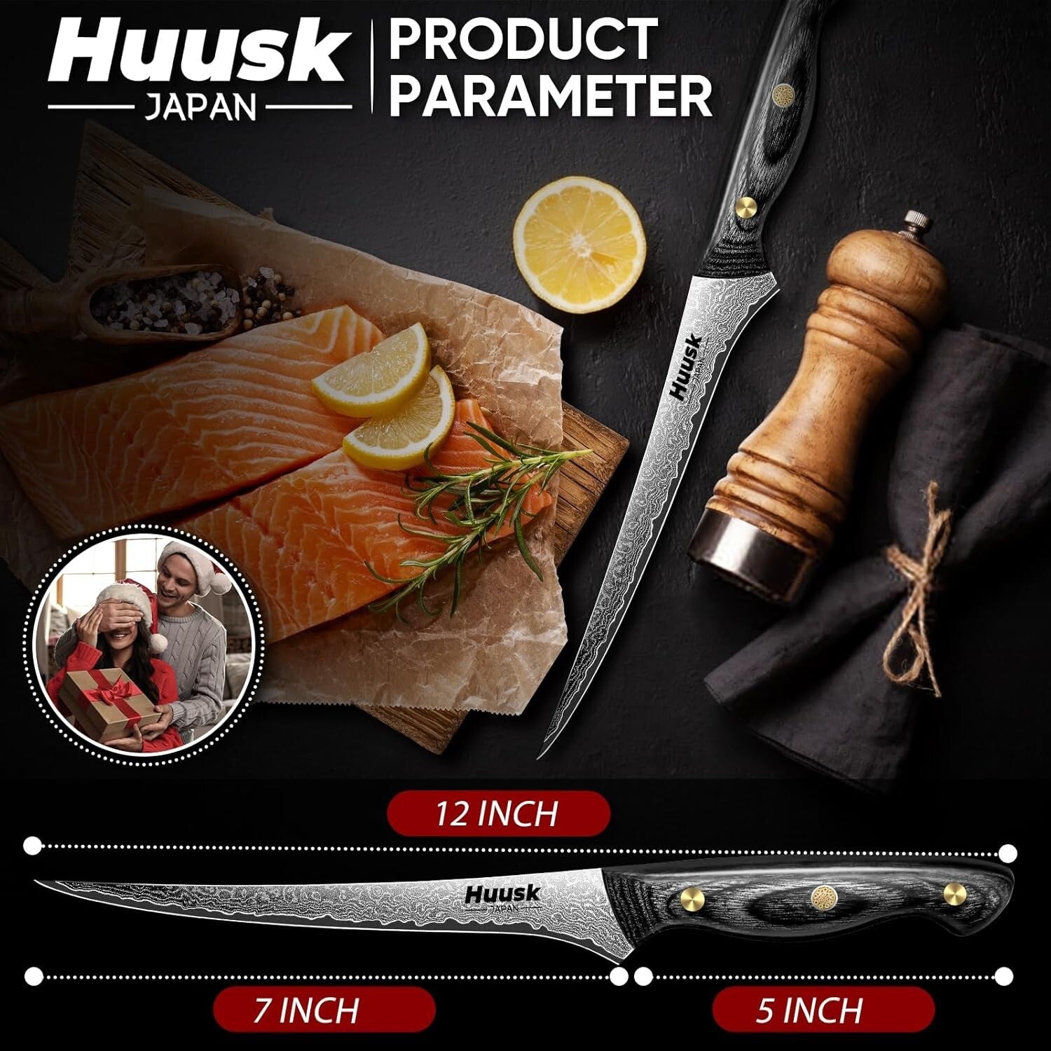 Premium Damascus Steel Fish Fillet Knife - Ergonomic Ebony Handle Design