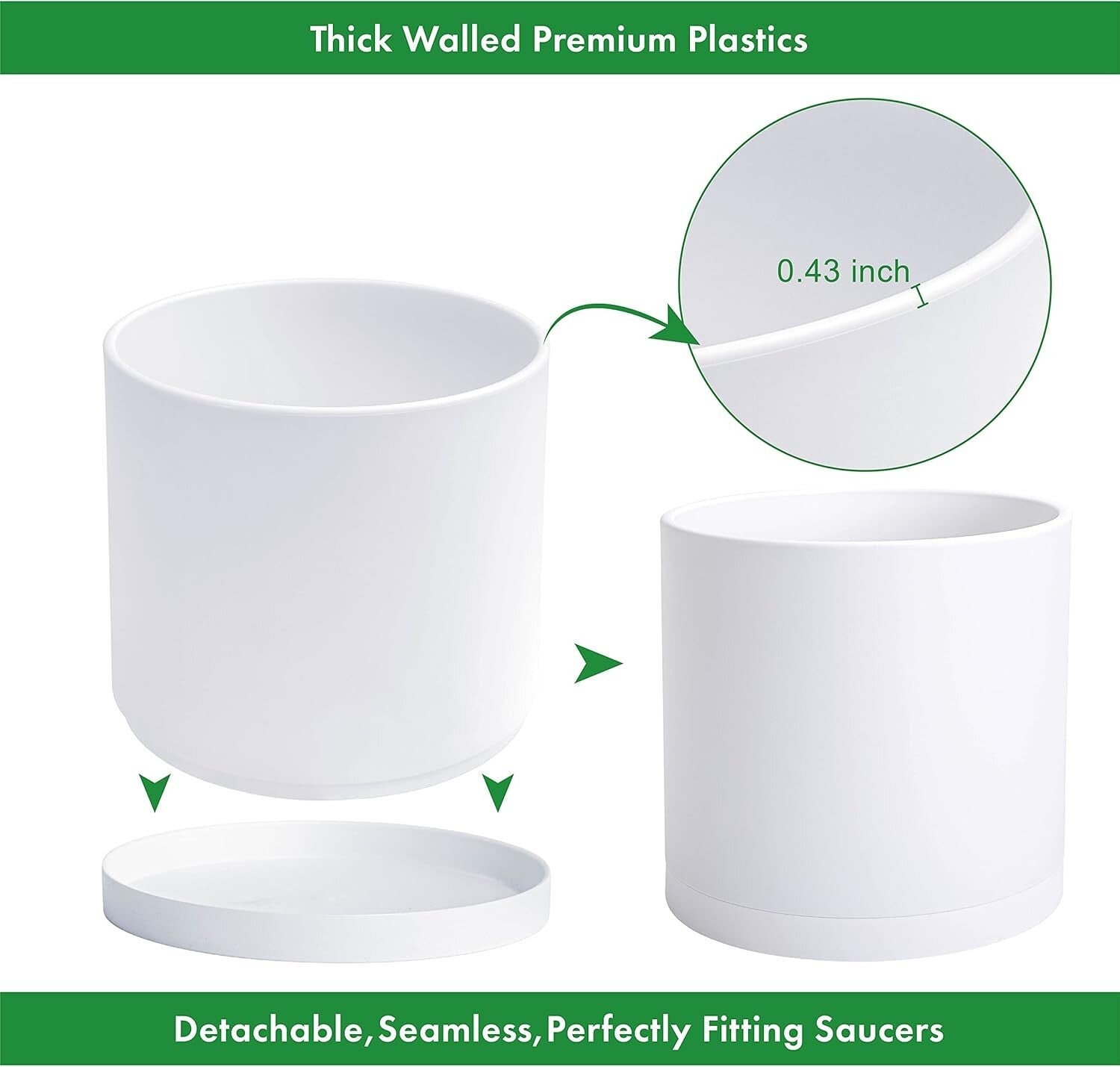 Elegant 14 Inch Cylindrical Plastic Planters with Drainage Holes & Saucer Set