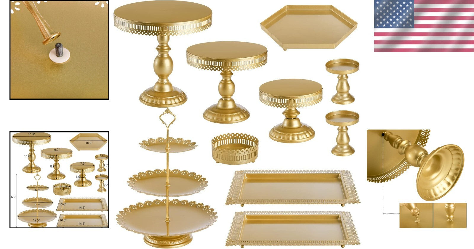 Versatile Gold Metal Dessert Towers - 10-In-1 Cake Stand Set for Celebrations