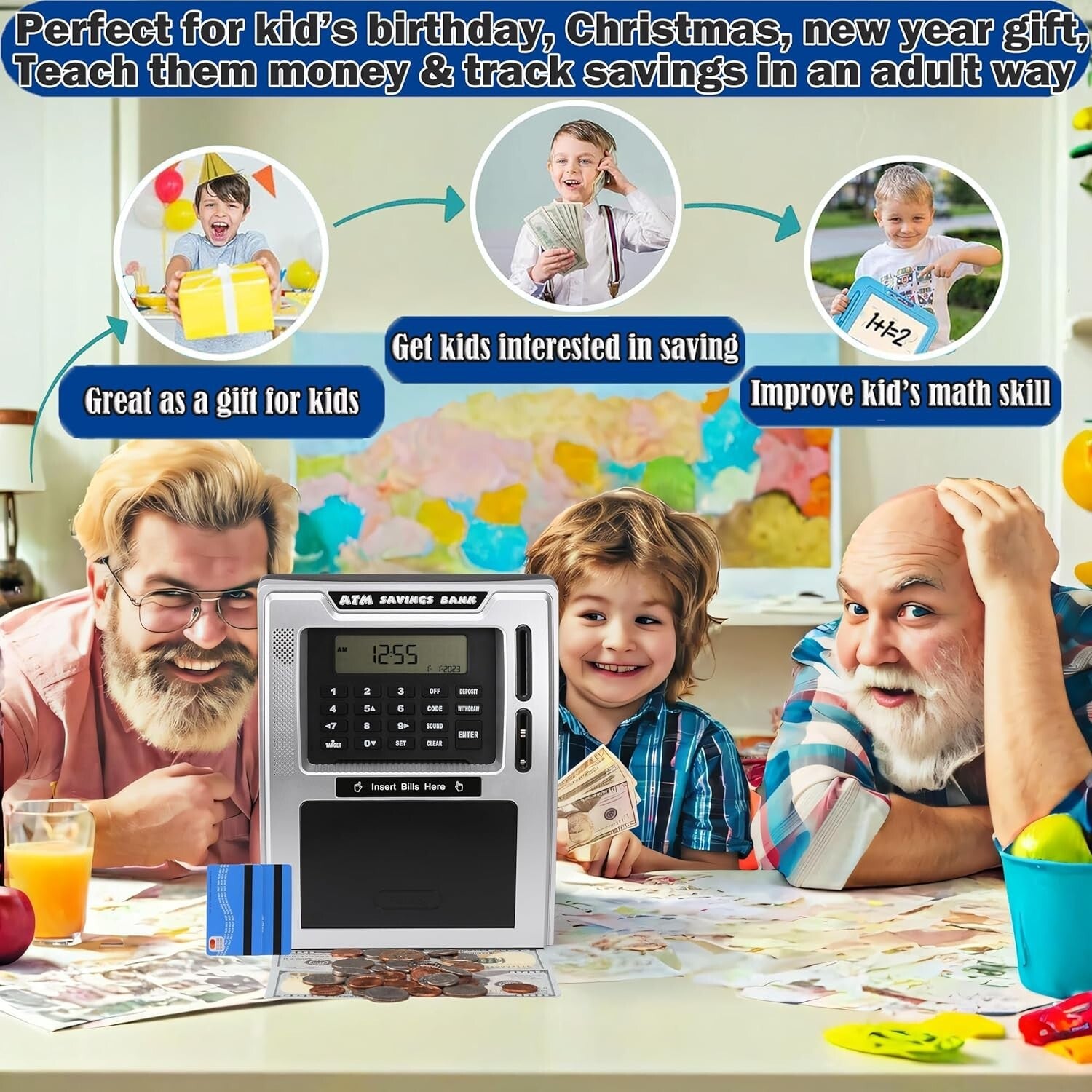 Fun ATM Piggy Bank for Kids - Auto Coin Recognition, 4-Digit PIN & Voice Prompts