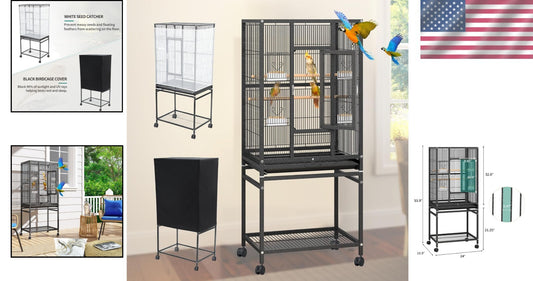 Spacious Bird Cage with Secure Lock, Seed Catcher & Storage - Ideal for Parrots