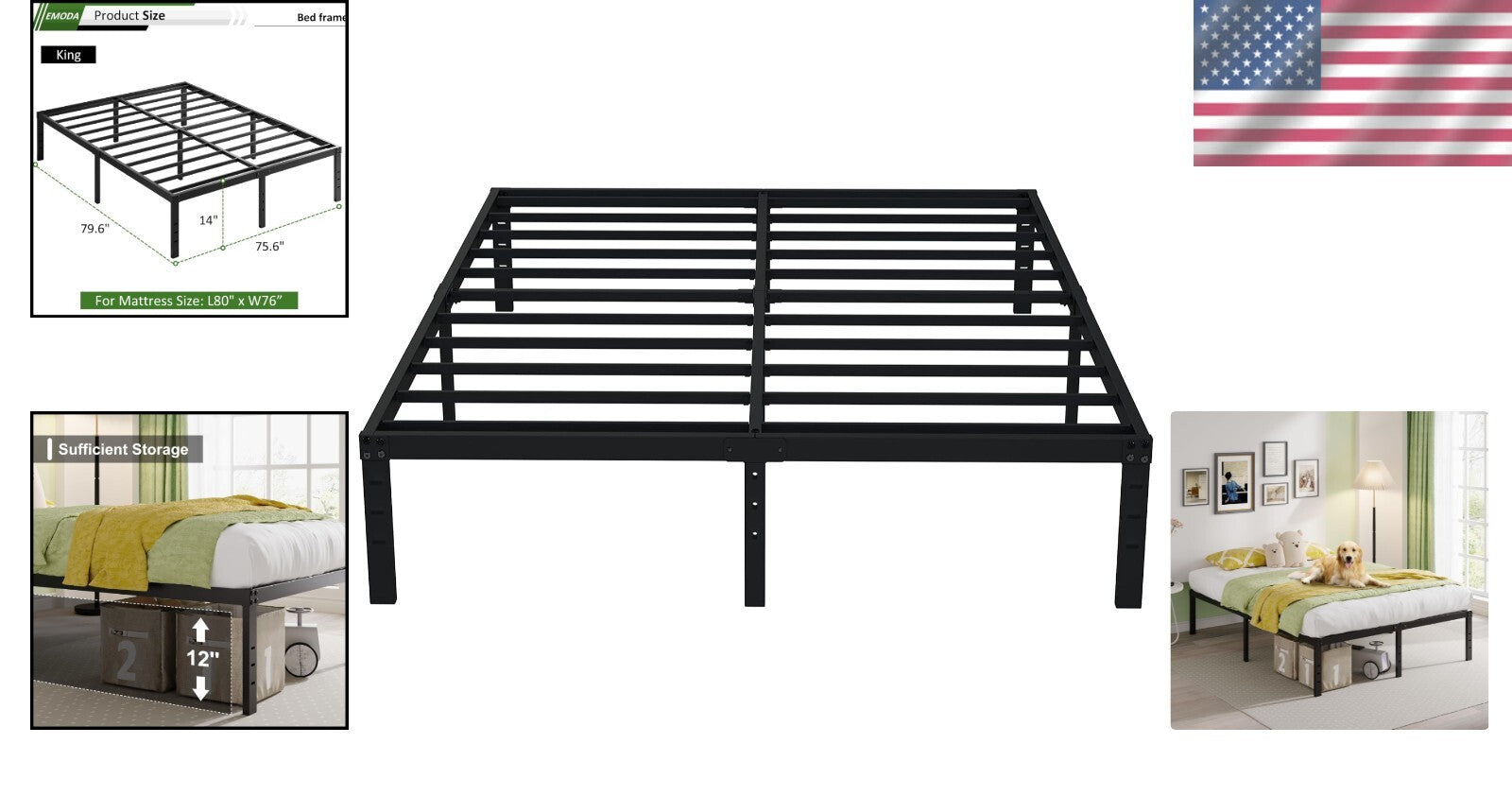 Metal King Bed Frame with 14-Inch Height - Fade Resistant, Squeak Resistant