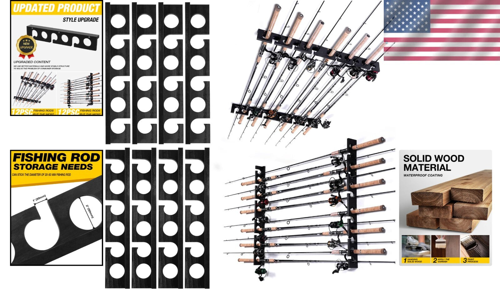 Durable Hardwood Fishing Rod Rack - Stores Up to 24 Poles, Wall/Ceiling Mounted