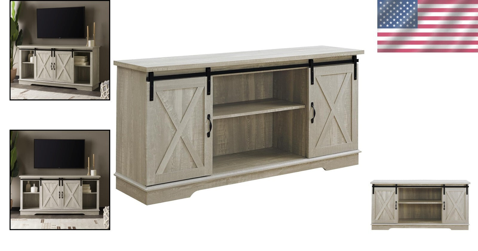 Charming 58-Inch Stone Grey TV Stand with Sliding Doors and 3 Adjustable Shelves
