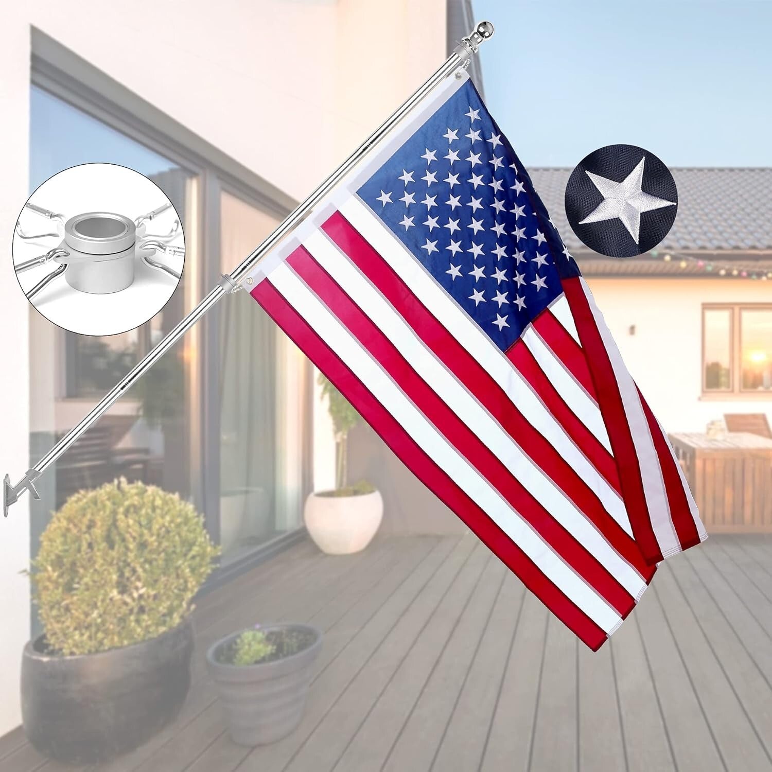 6ft Stainless Steel Flag Pole Kit with 3x5 ft Heavy-Duty American Flag