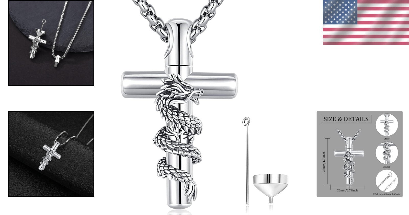Elegant S925 Sterling Silver Dragon Cross Urn Necklace for Ashes Keepsake