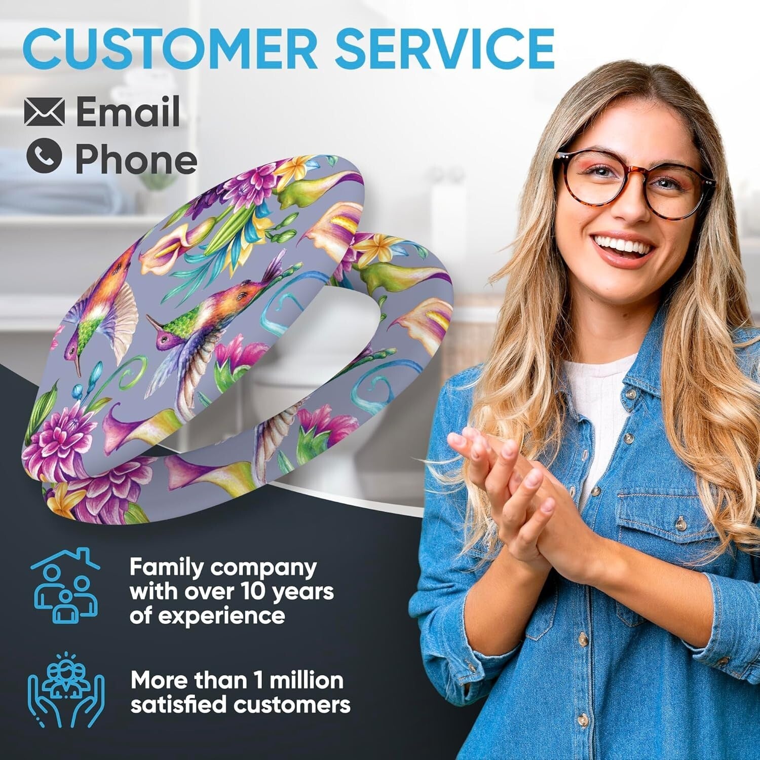 Elongated Molded Wood Toilet Seat with Beautiful Hummingbird Print - Soft Close