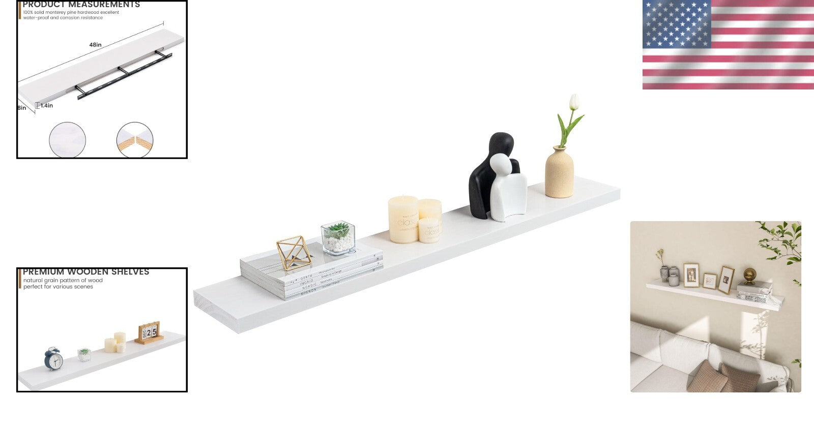 Deep Pine Wood Wall Shelf - Heavy-Duty Mounting Bracket for Functional Decor