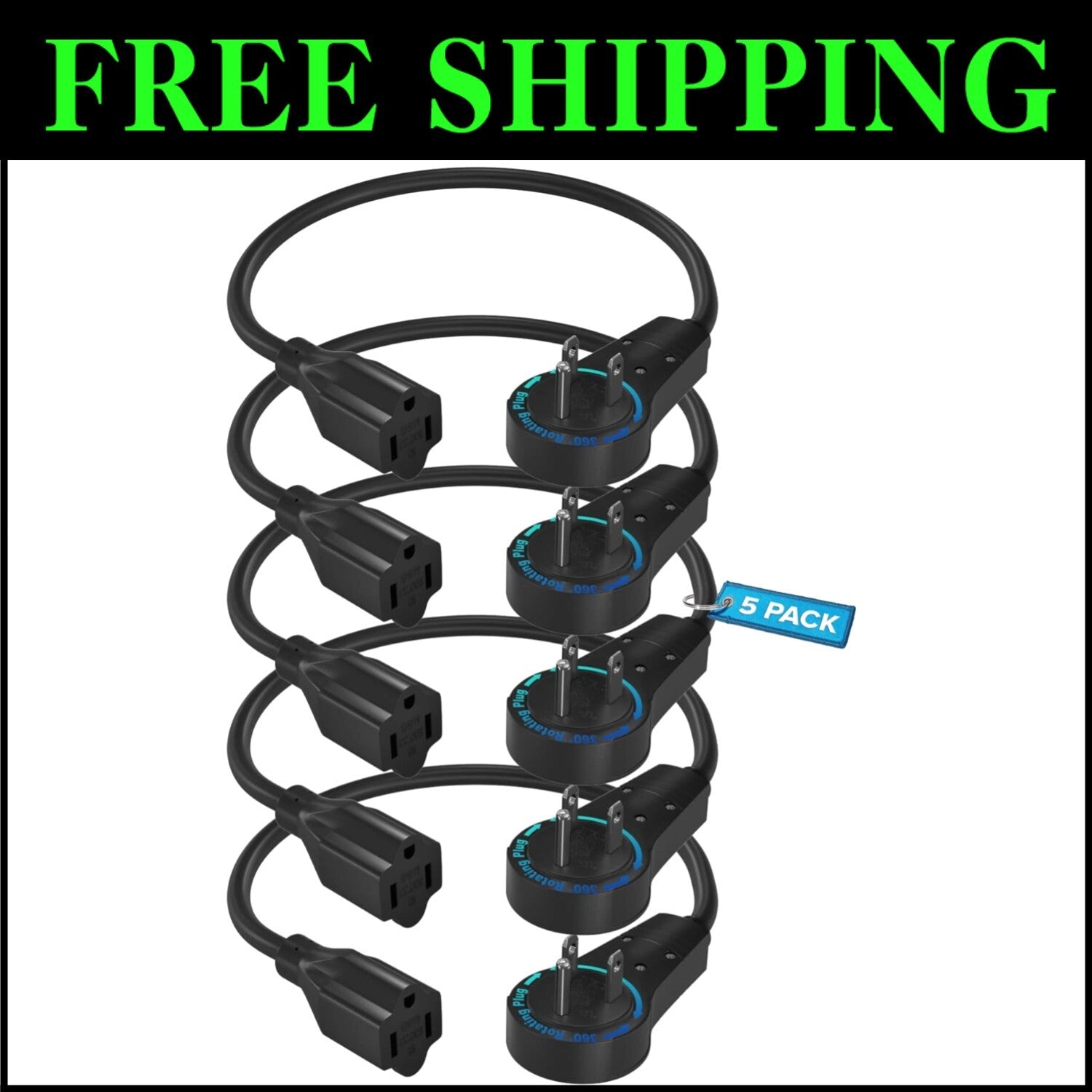 Space-Saving 360° Rotating Extension Cord - Black 5 Pack With Grounded Safety