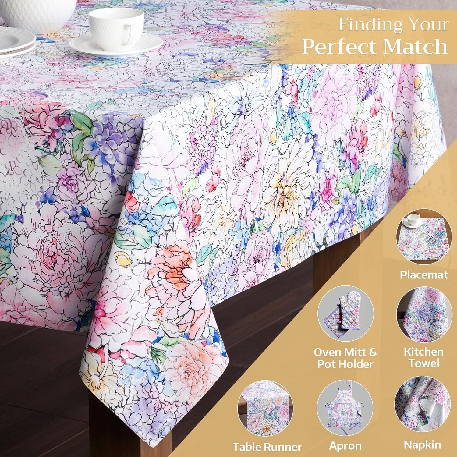 60x90 Rectangular Floral Love Tablecloth - Machine Washable Cotton Elegance