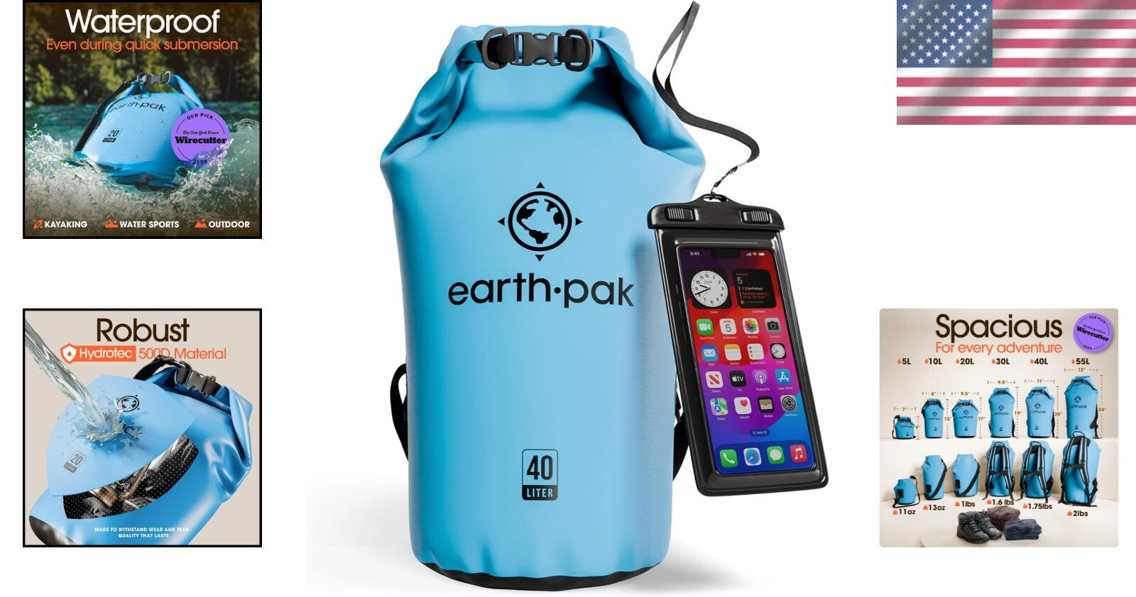 40L Waterproof Dry Bag Backpack with Phone Case - Light Blue Adventure Ready