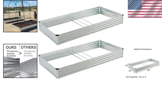 2-Pack 8x4x1ft Galvanized Metal Raised Garden Beds with Easy Assembly & Drainage