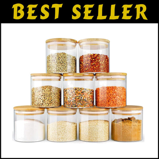 Borosilicate Glass Jars Set with Bamboo Lids - 16oz, 9-Piece Storage Collection