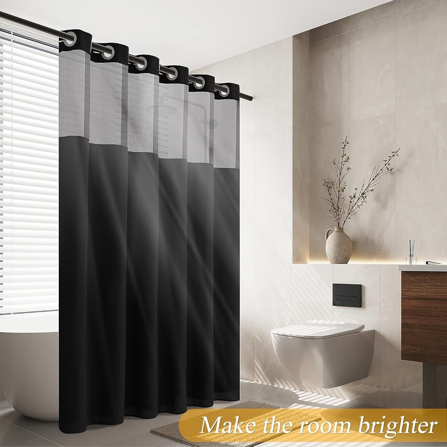 Black Hotel Luxury Shower Curtain and Liner Set with Removable Liner, 72W x 81L