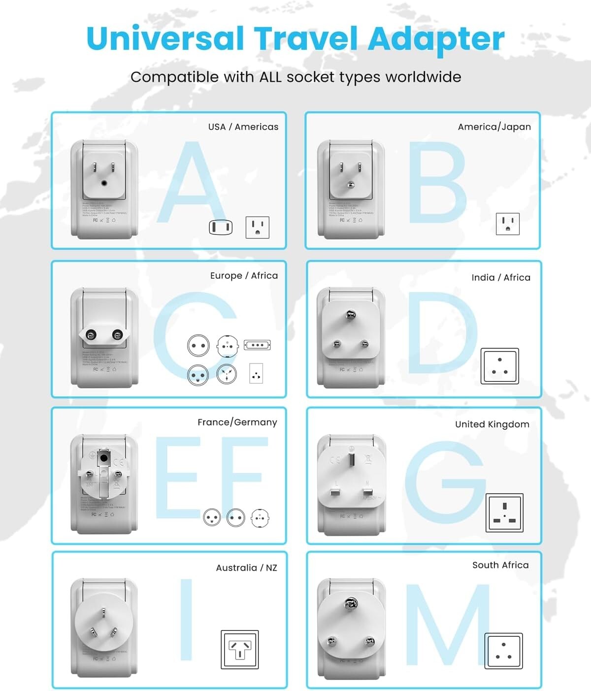 5-in-1 Universal Travel Adapter with USB Ports: Compatible for 150+ Countries