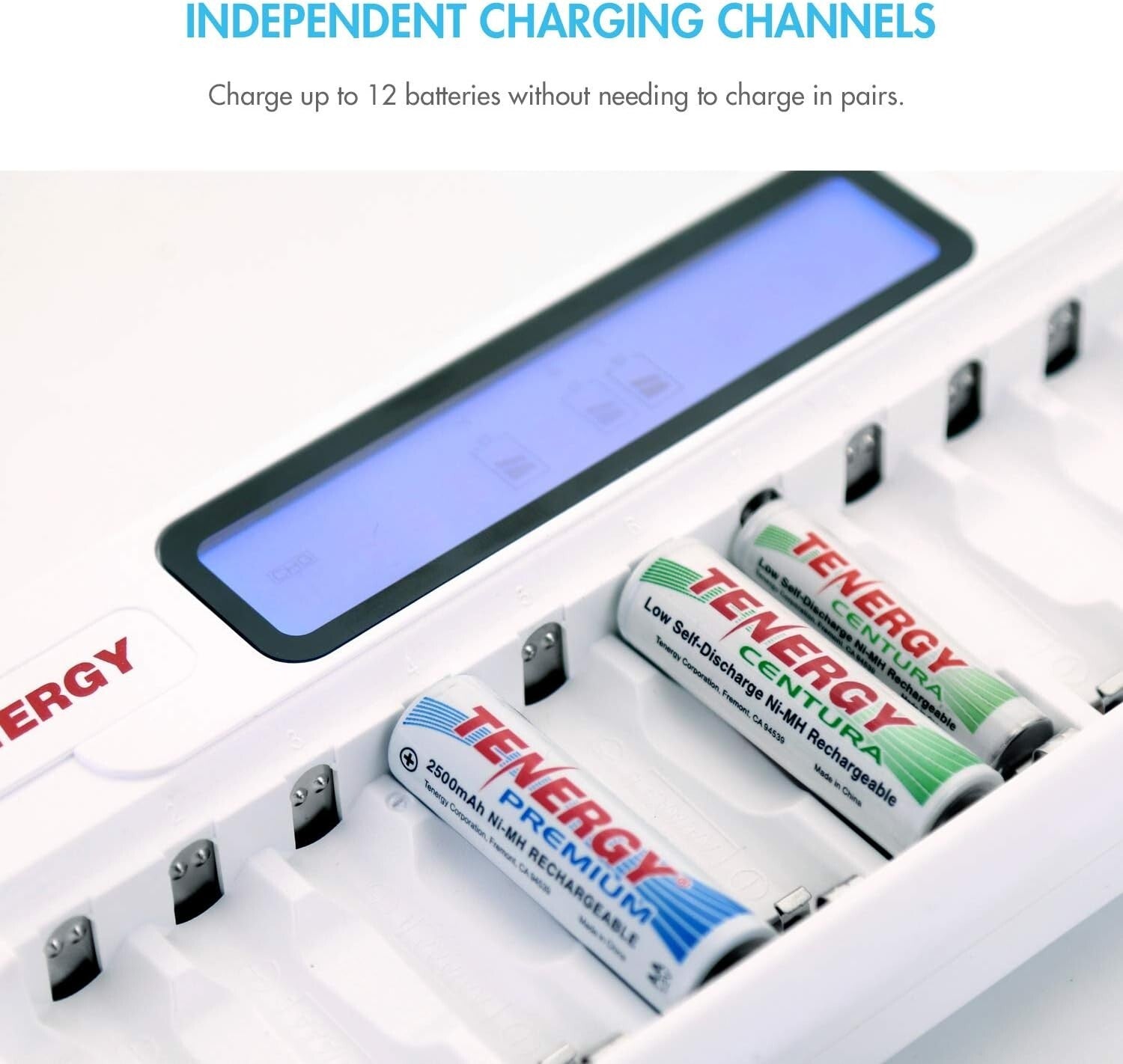 Lightweight 12-Battery Charger for Rechargeable AA/AAA With Easy LCD Monitoring