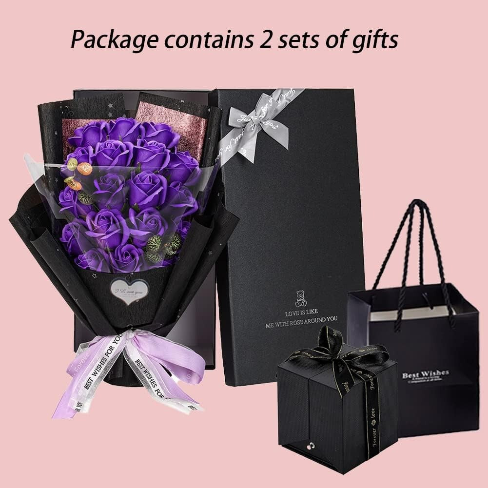 Artificial Purple Roses with Gift Box & Necklace - Perfect Mother's Day Gift