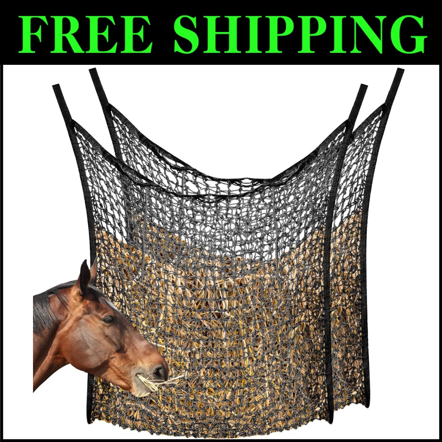 2-Pcs Slow Feed Hay Net Feeder Bags for Healthy Horse & Goat Feeding - 63x40in