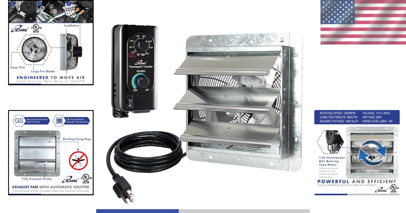 High Efficiency 960 CFM Wall Mounted Exhaust Fan with Thermostat & Speed Control