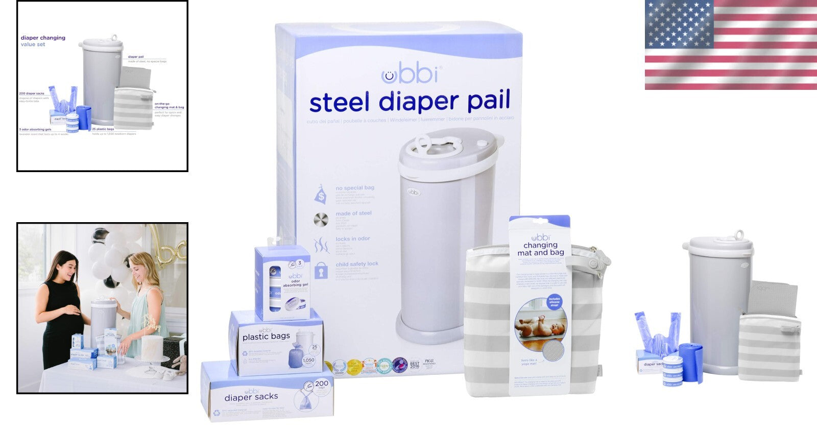 Essential Diapering Set: Gray Stainless Steel Pail & Travel Changing Solutions