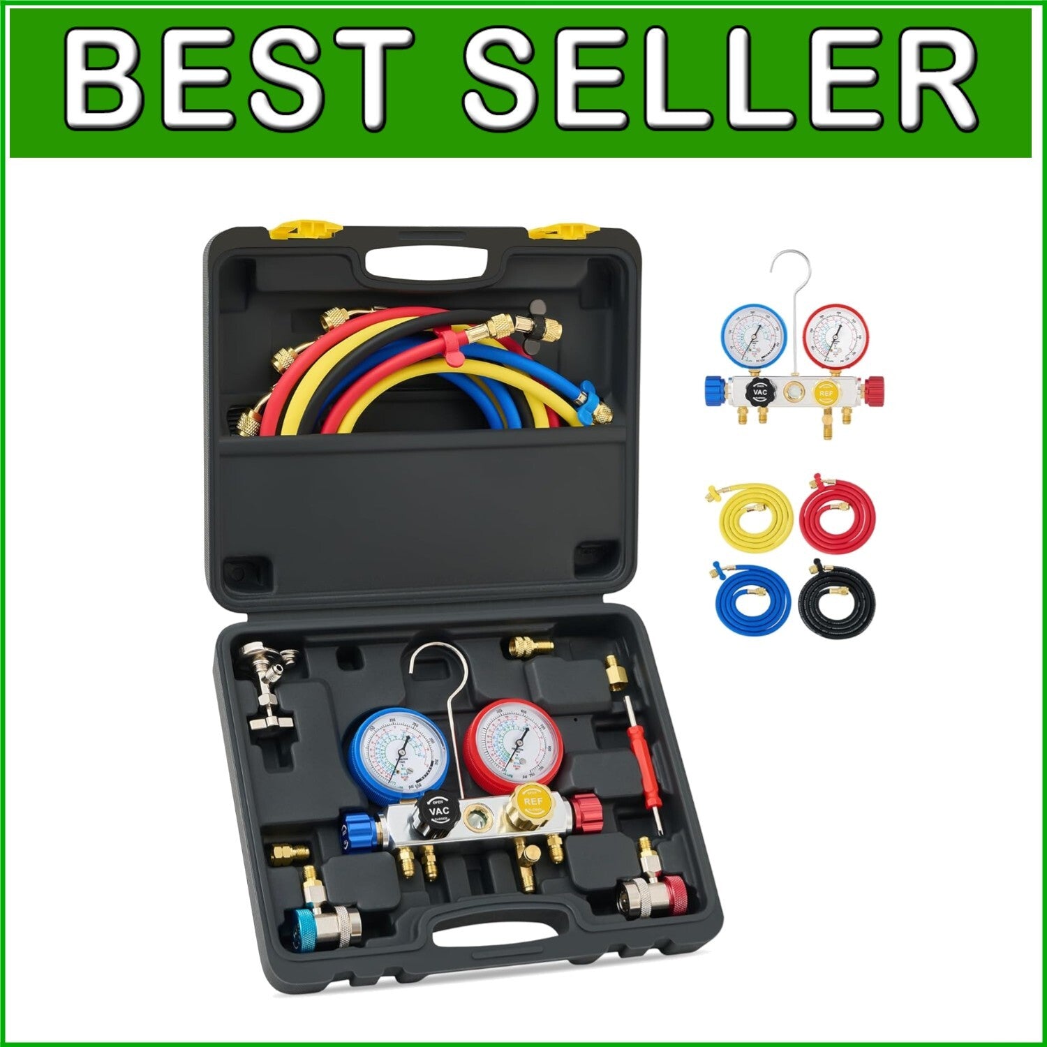 Automotive AC Diagnostic Tool Set with Color-Coded Hoses & Pressure Gauges