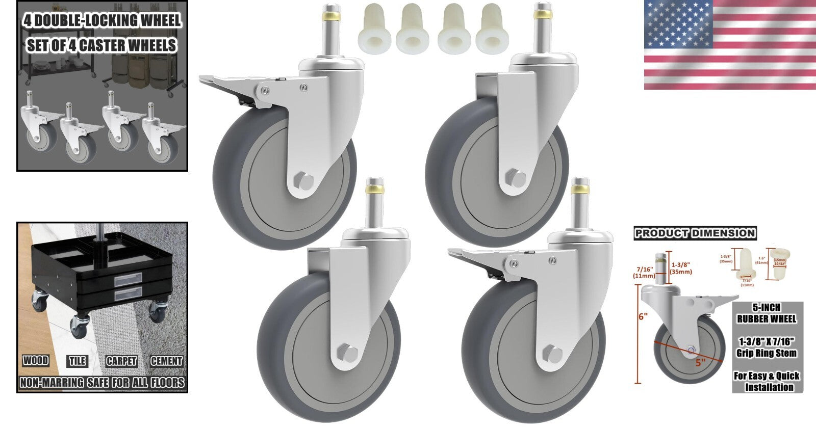 Durable 5-Inch Rubber Wheels Replacement Casters - 4 Pack for Smooth Mobility