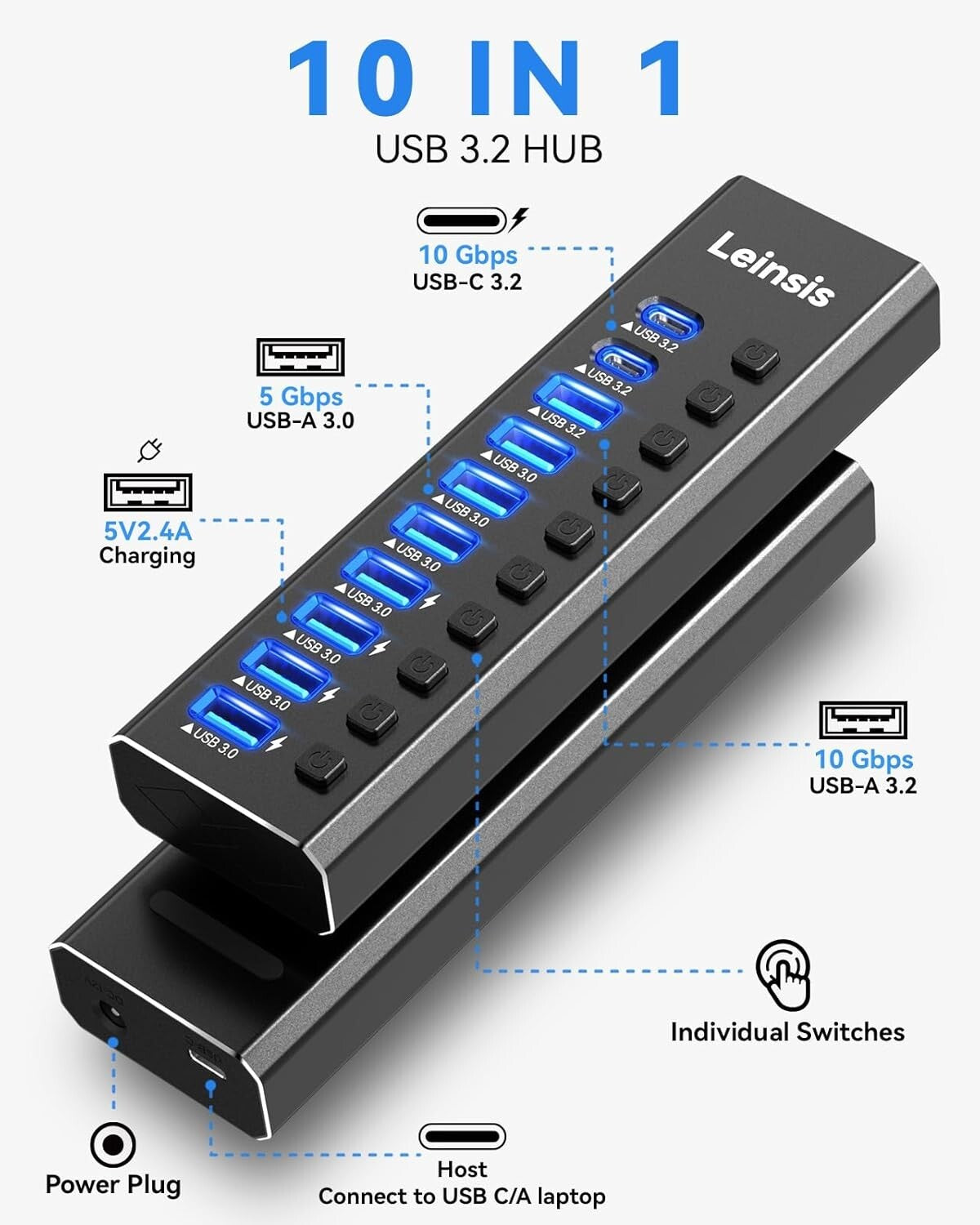 10-Port USB 3.2 Hub with Power Adapter & Individual Switches for Devices