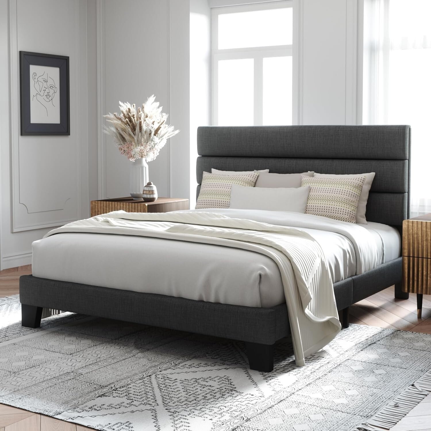 Minimalist Full Size Platform Bed Frame with Upholstered Headboard in Dark Grey