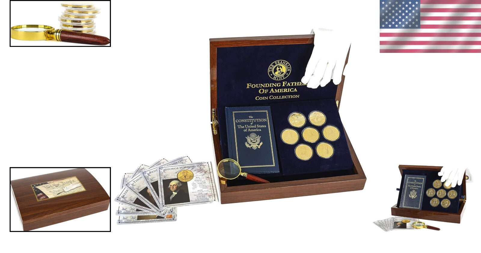 Gold-Plated 7-Piece Founding Fathers Coin Collection with Detailed Fact Cards