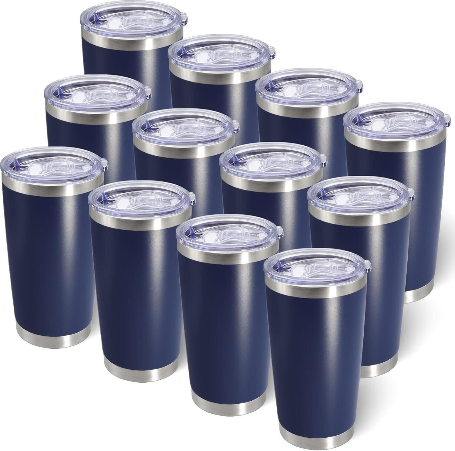 12 Pack Navy Blue Stainless Steel Tumblers with Lid - 20oz Insulated Travel Mugs