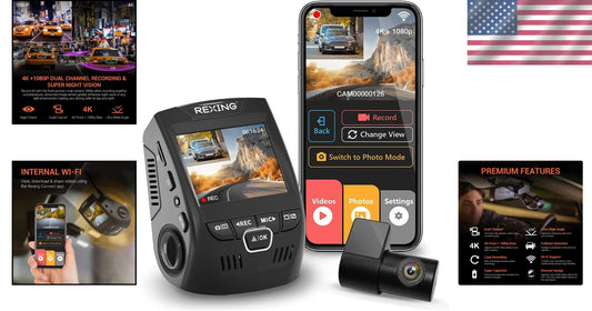 4K Front & Rear Dash Cam with Mobile App Control, 170° Wide View & Night Vision