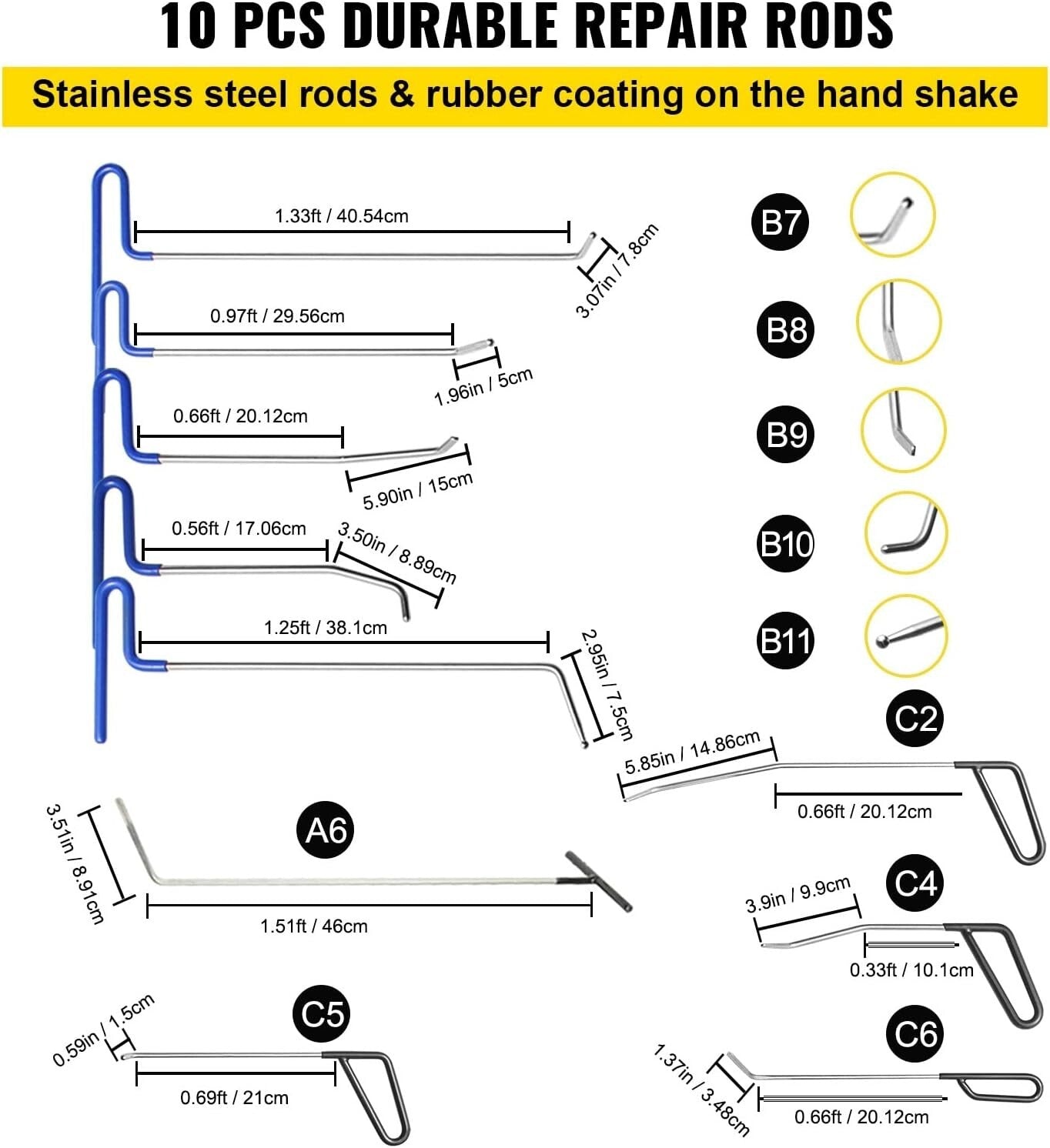 Stainless Steel Dent Removal Rods Kit with Glue Puller & Reflecting Board