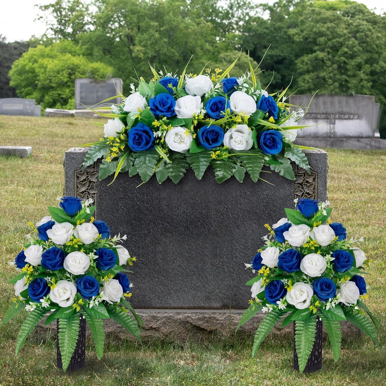 Memorial Flower Saddle for Headstones - Dark Blue & White Silk Roses Decoration