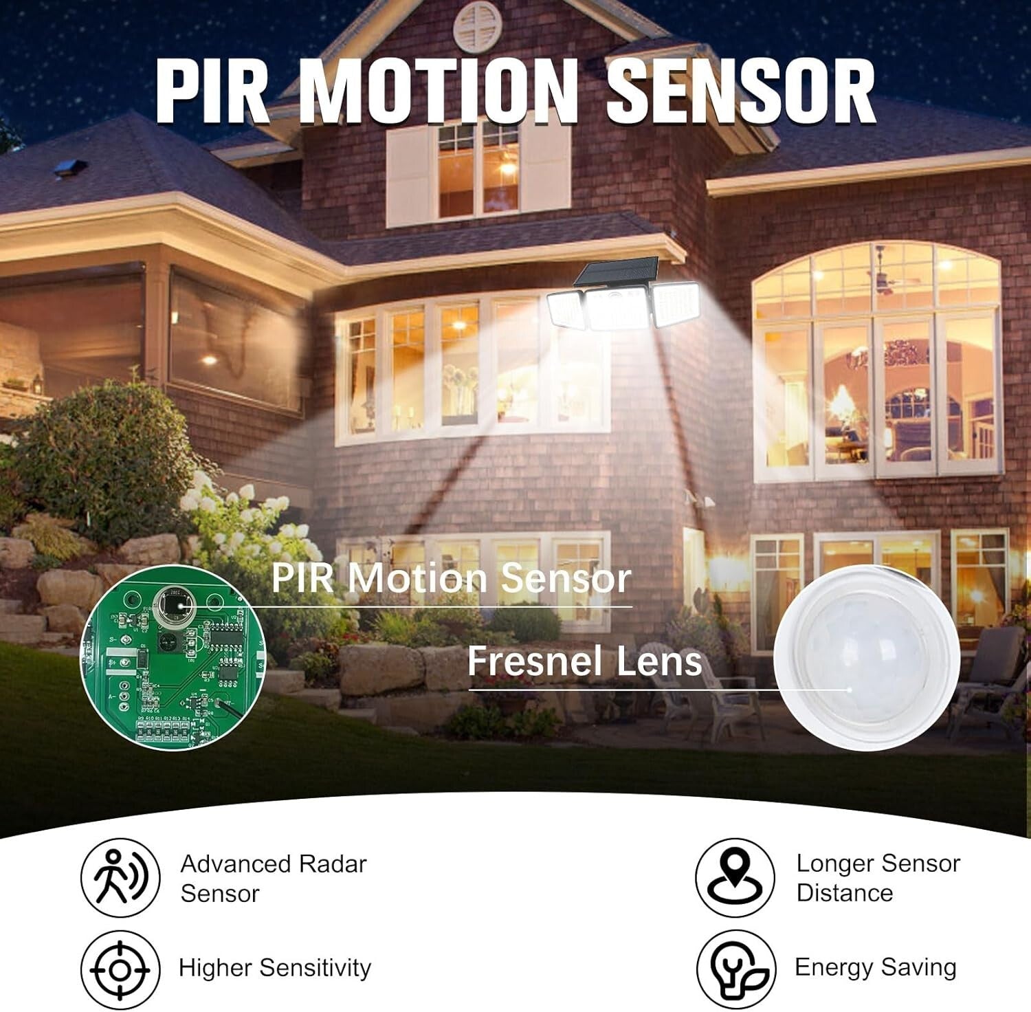 IP65 Waterproof Solar 3-Head Lights with Motion Sensor, 270° Wide Angle - 2 Pcs