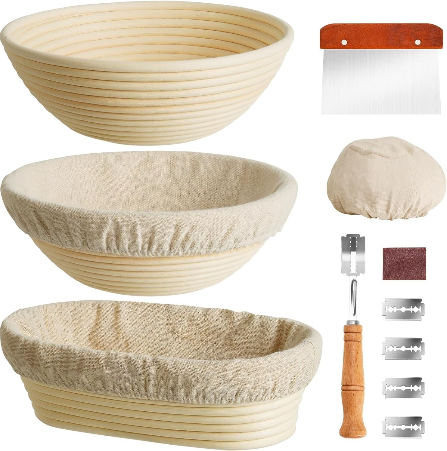 Artisan Bread Making Set: Rattan Proofing Baskets and Metal Scraper Included