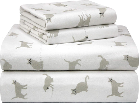 Luxurious 4-Piece Cat-Themed Flannel Sheet Set for Queen Beds - Machine Washable
