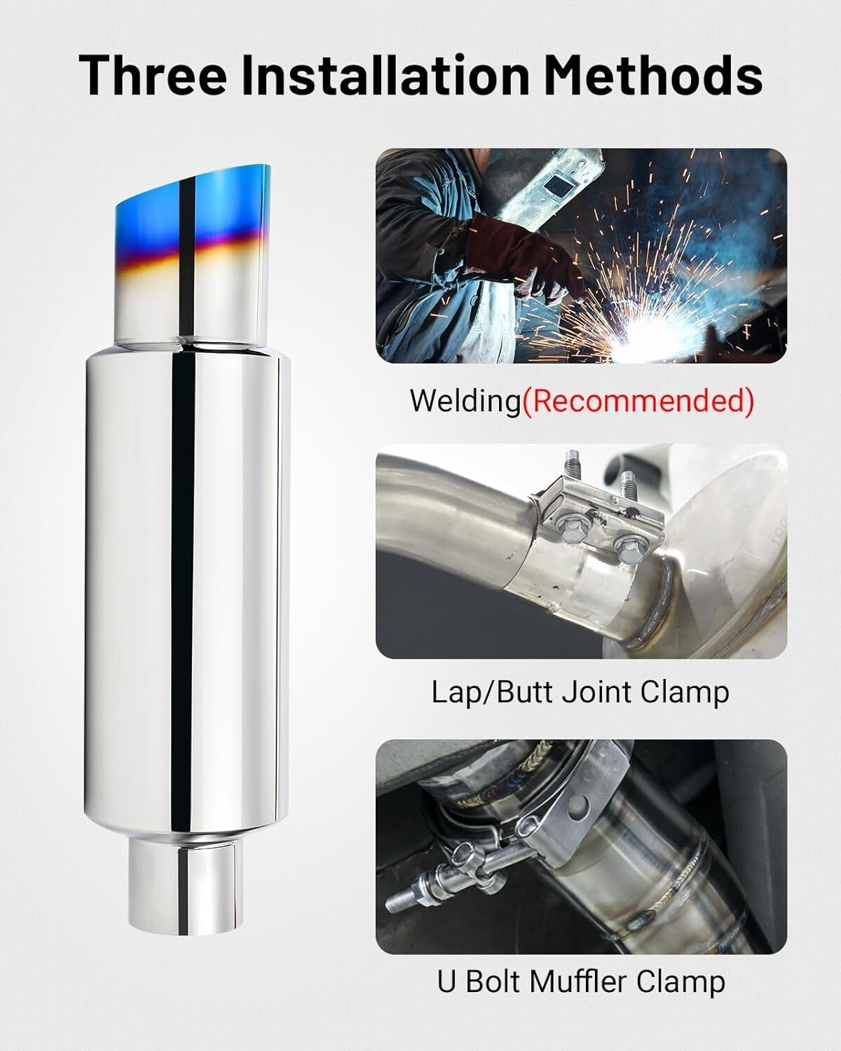 2.25" Inlet Stainless Steel Exhaust Tip, 15" Length, Premium Sound Control