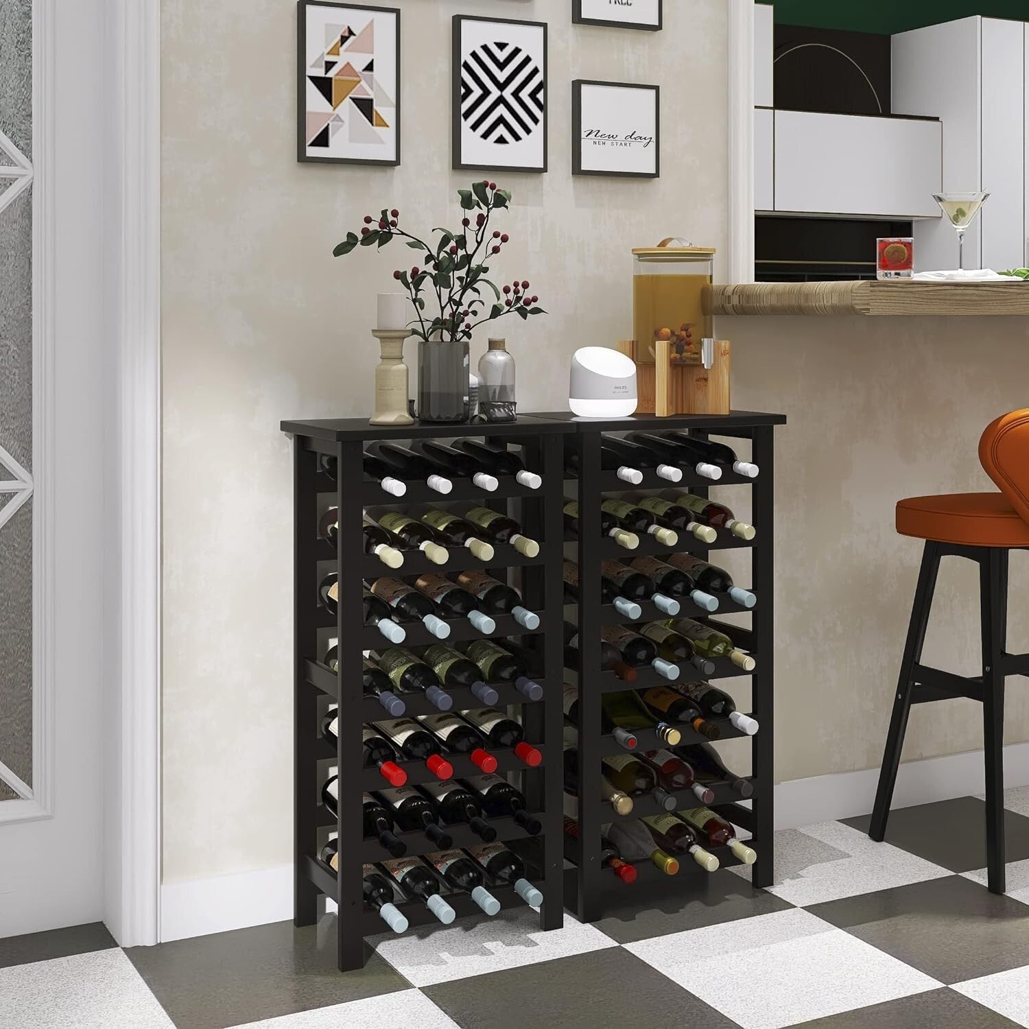 Chic Black Bamboo Wine Rack for 28 Bottles - 7-Tier with Space-Efficient Design