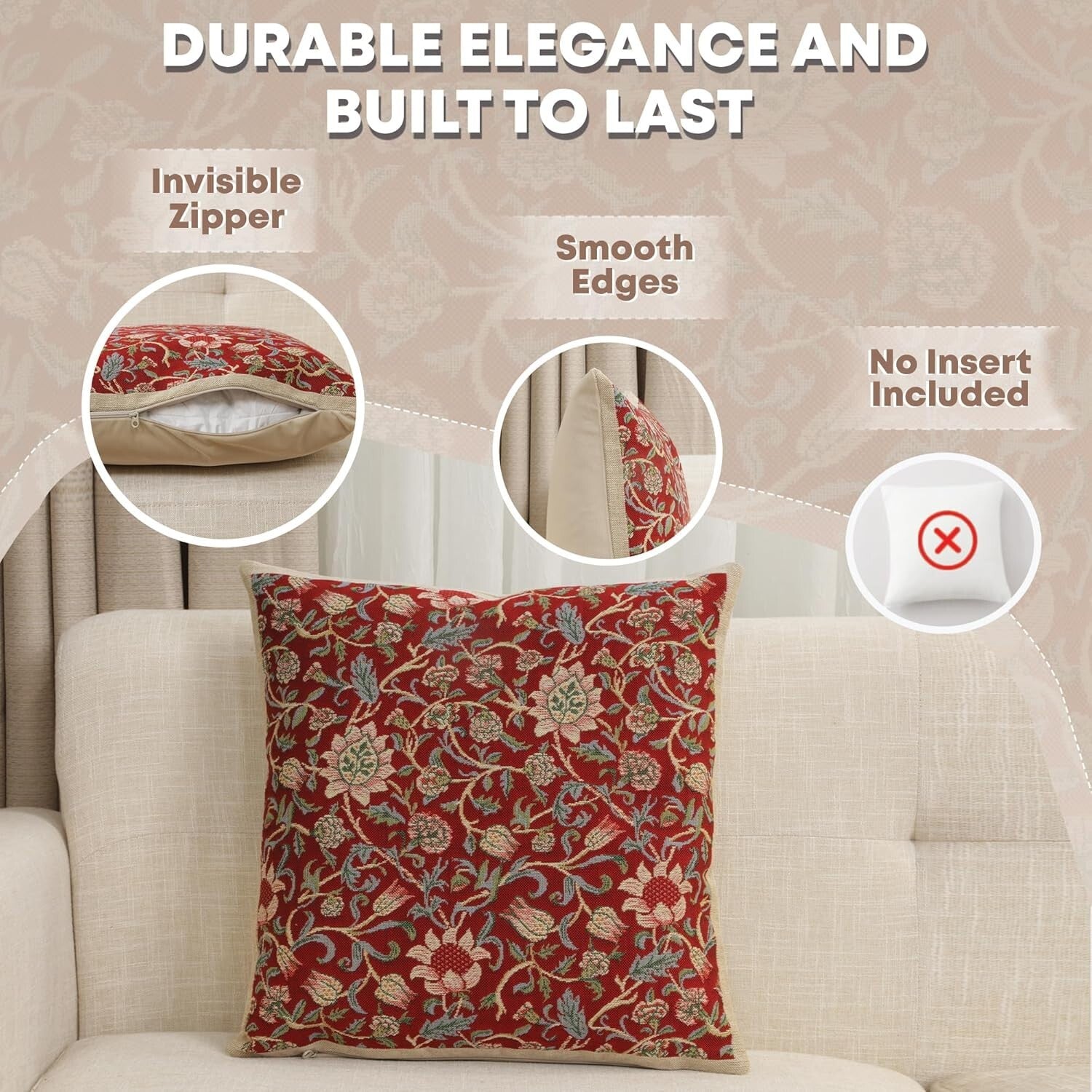 Chic 16x16 Throw Pillow Cover in Fleurs De Morris Red - Hand-Finished Design