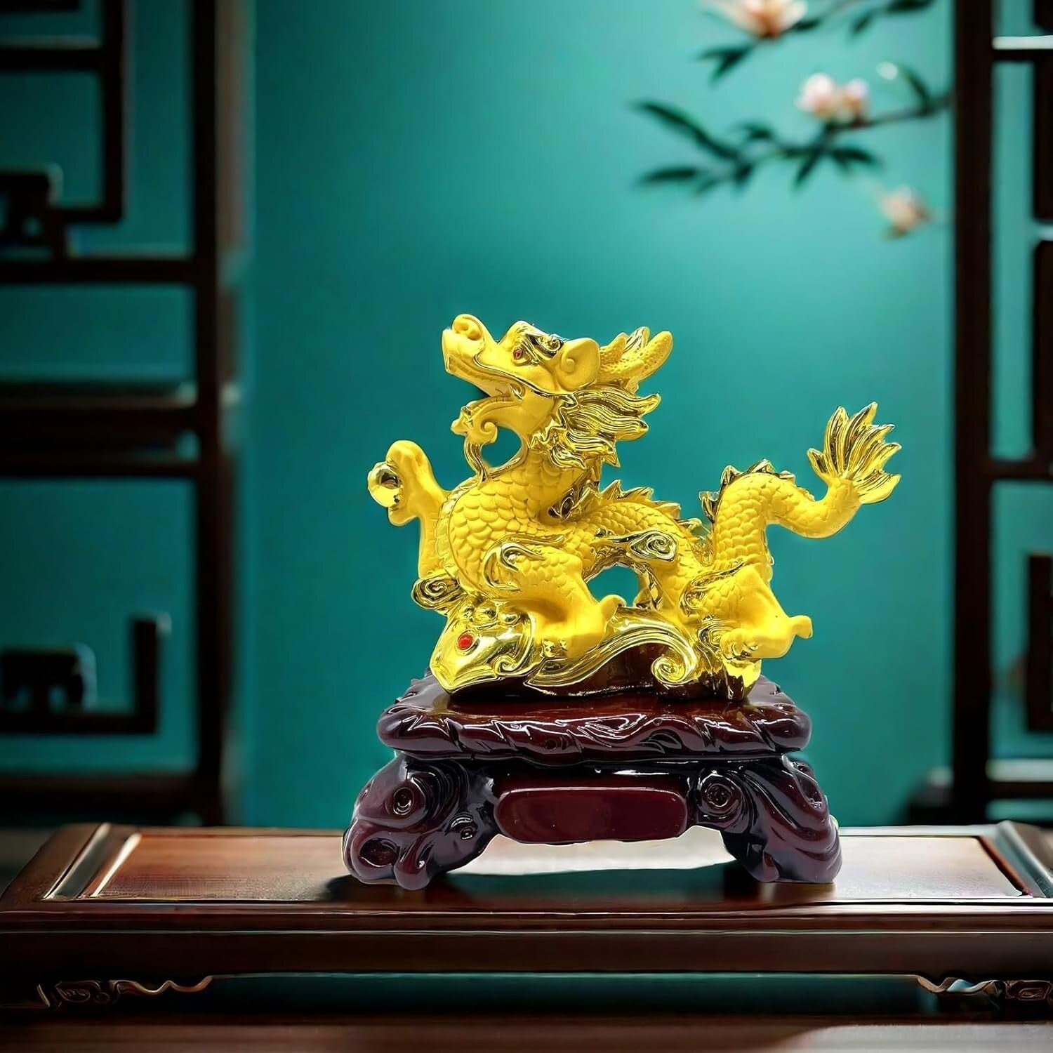 Gold Feng Shui Dragon Statue | 7.7 x 4 x 8 in | Good Luck Decor at Home & Office