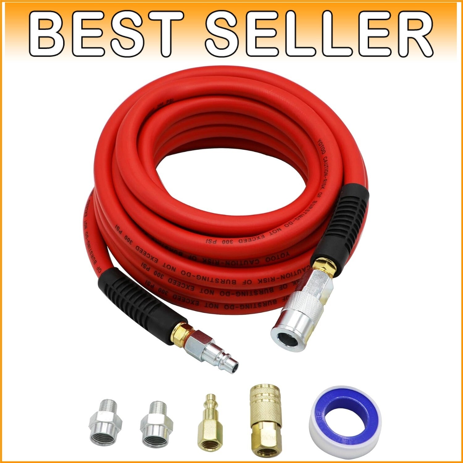 1/2" x 25ft Heavy Duty Air Hose with Solid Brass Fittings - 300 PSI Flexibility