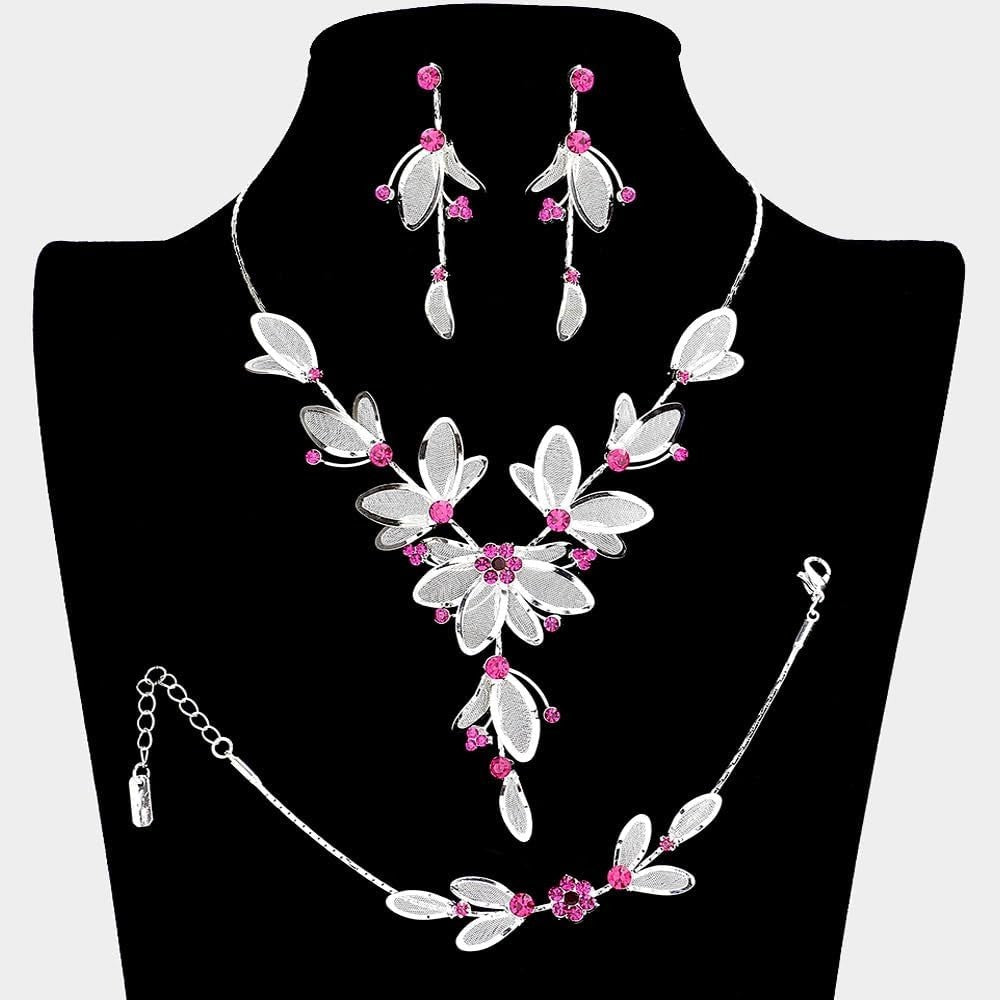 Elegant 3-Piece Floral Rhinestone Jewelry Set - Adjustable Necklace & Earrings