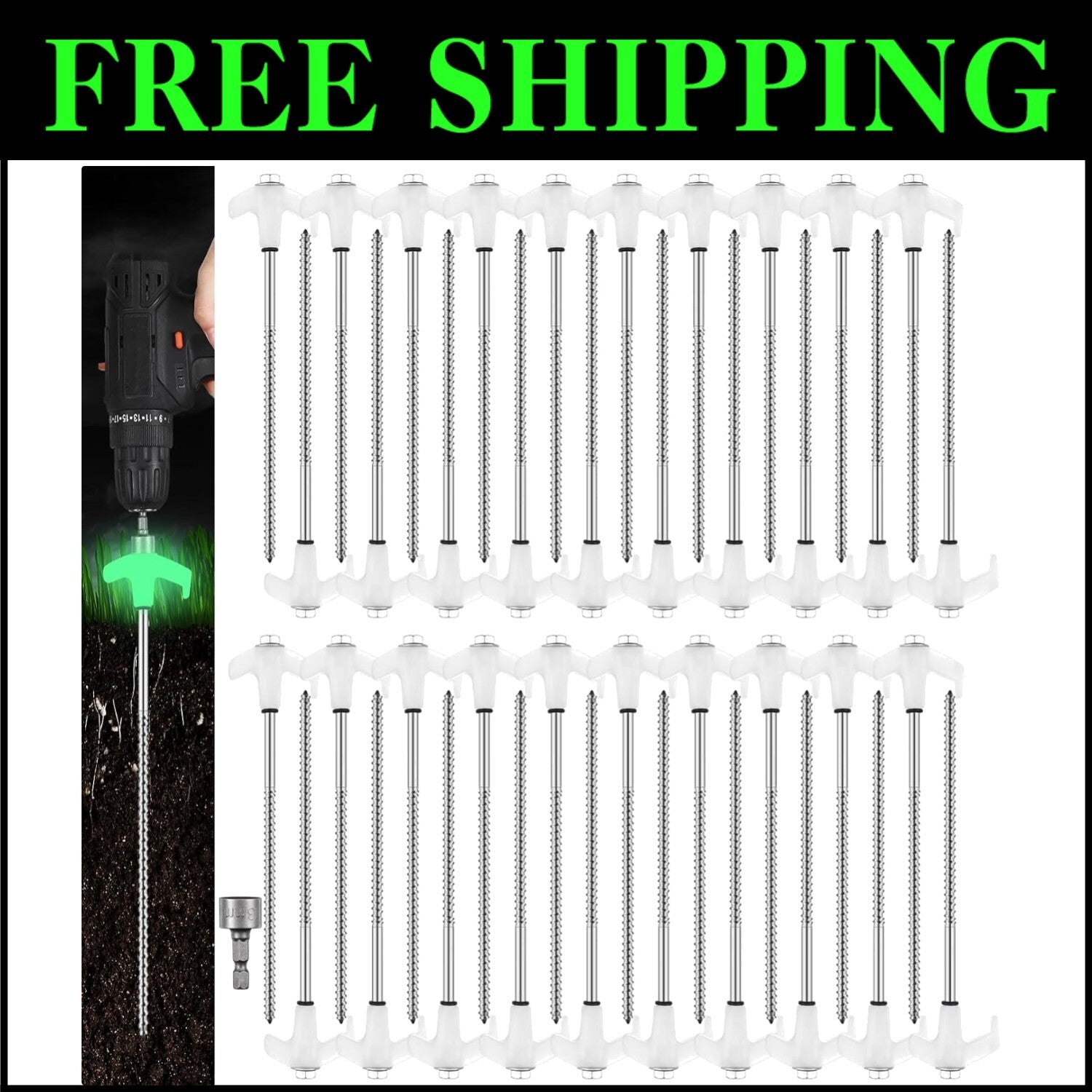 8" Luminous White Heavy Duty Tent Stakes - 40 Pcs for Secure Outdoor Anchoring