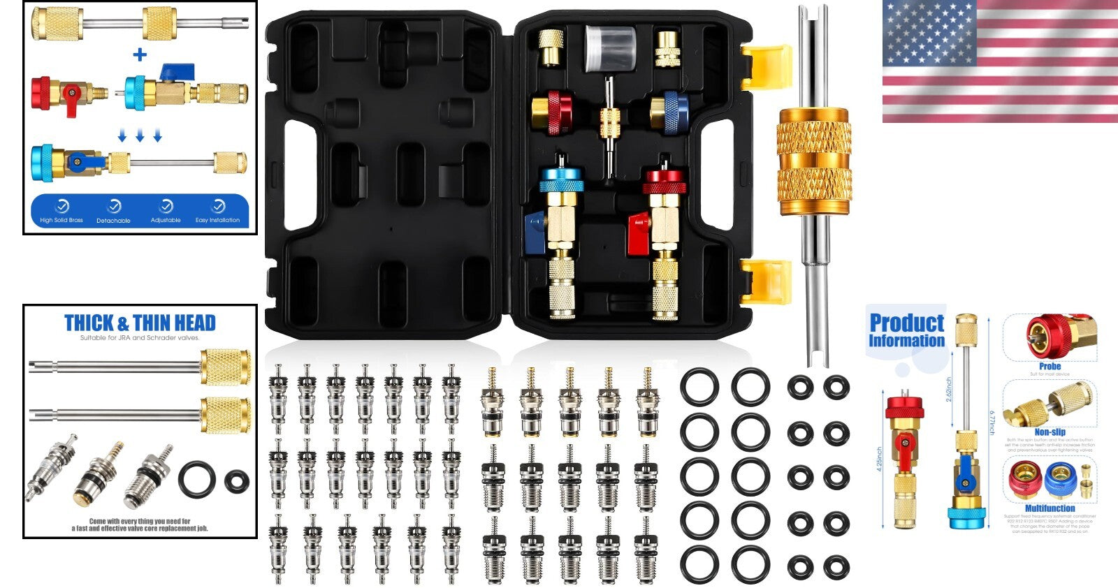 Durable 35-Piece Air Conditioning Valve Core Tool Kit with O-Rings & Removers