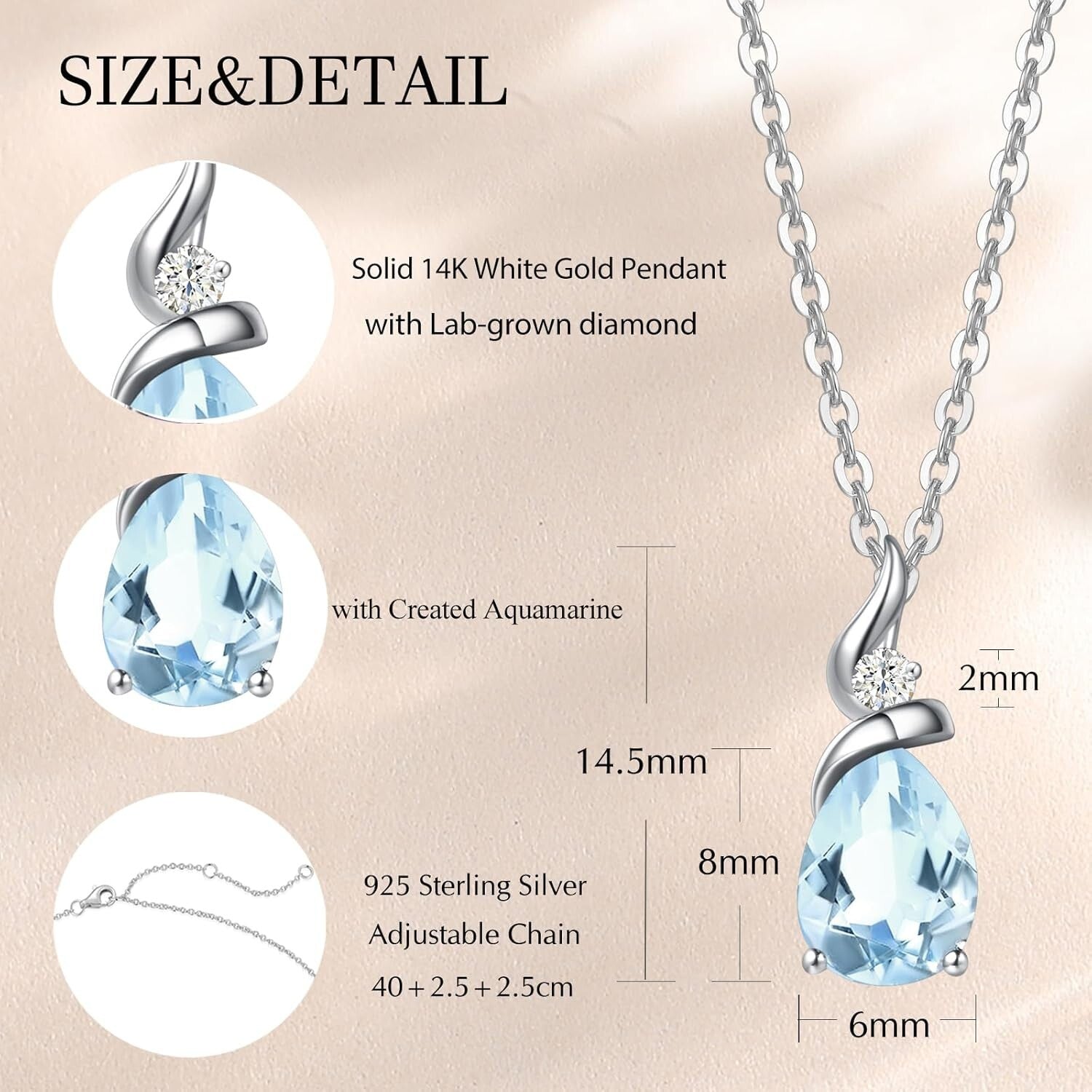 Sparkling Aquamarine Birthstone Pendant Necklace with 16" Chain & Diamonds