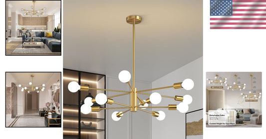 Adjustable Height Gold Chandelier - 12-Light Ceiling Fixture for Modern Homes